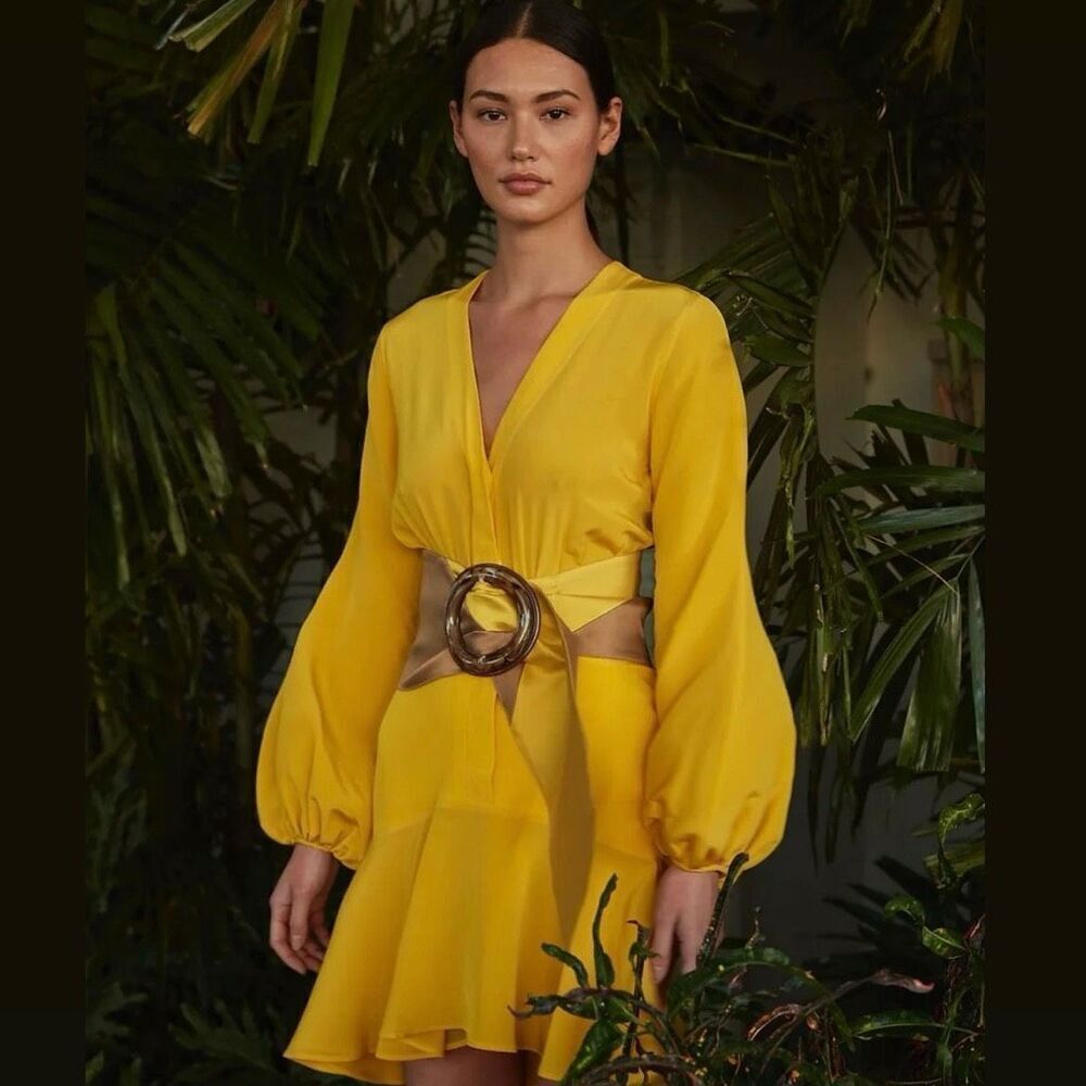 Silvia Tcherassi Dress Marigold Yellow Silk Long Sleeve Belted Minidress Sz L